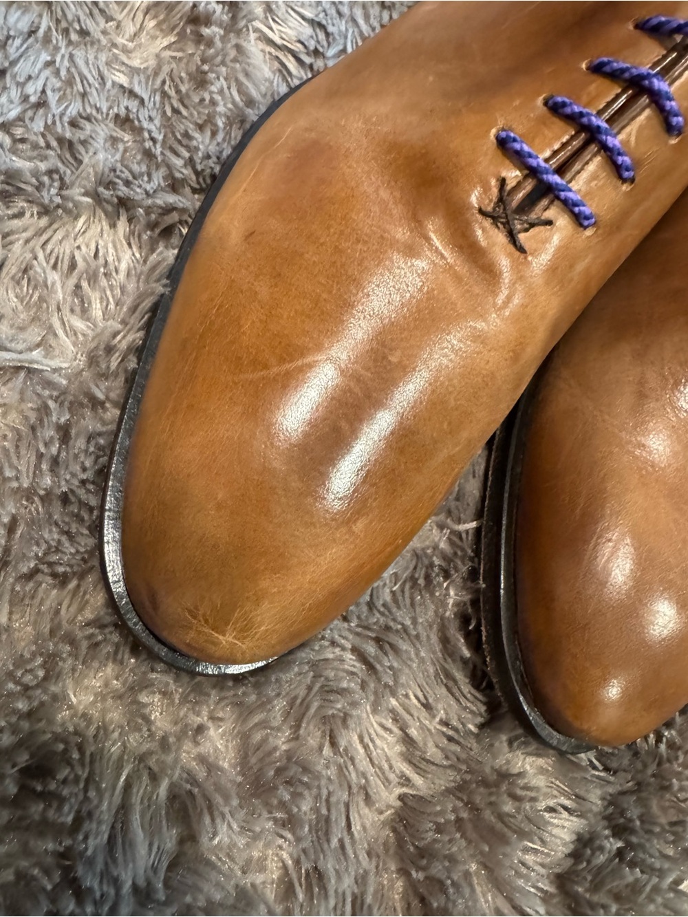 Men's Tan Leather Derby Shoes with Blue/Purple Laces by CUOIO. Made in Italy - Picture 3 of 14